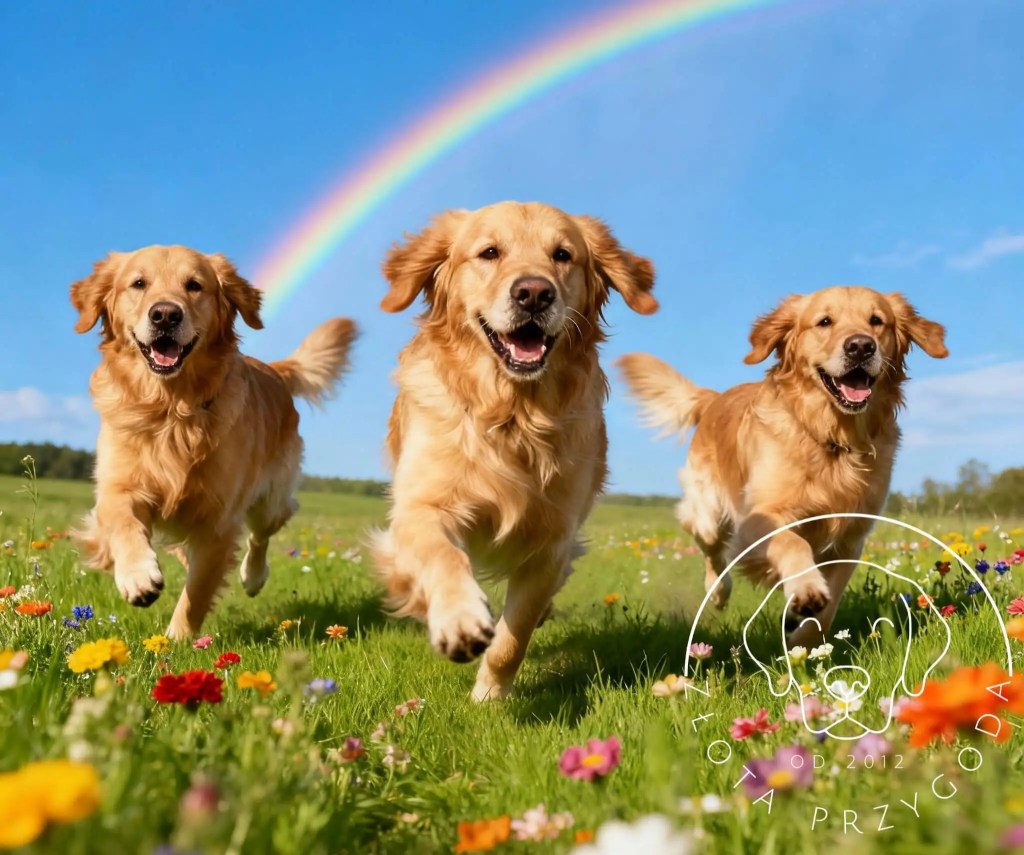 Golden Retrievery biegające za tęczowym mostem